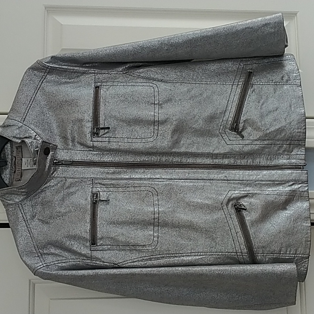 Chico's Silver Metallic Genuine Leather Moto Jacket Chico's 2 (US L or 12) - Picture 3 of 9